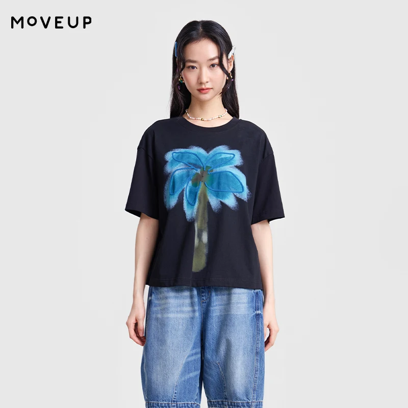 

Футболка MOVEUP с принтом, весна 2026, новая коллекция, из чистого хлопка, с круглым вырезом, с вышивкой кокосовой пальмы, повседневная, свободного кроя, для города, 3ELC10547
