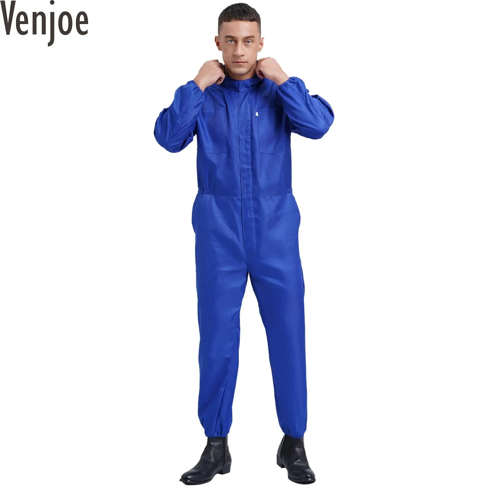

Mens Dustproof Hooded Coverall Long Sleeve Front Half Zipper Big Pockets Overalls Jumpsuit Dungarees Workshop Worker Costume