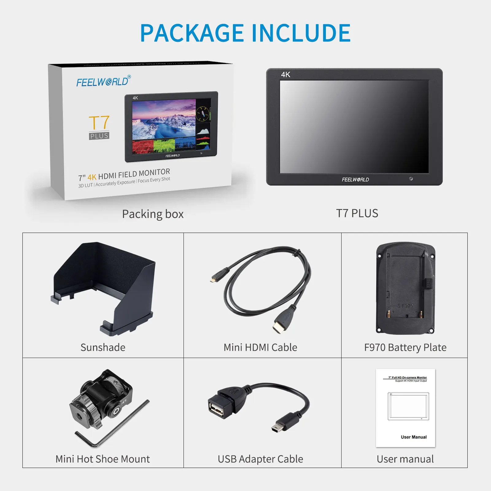 Feelworld T7 PLUS V2 7 Inch 3D LUT On Camera Field DSLR Monitor 4K HDMI Full HD 1920x1200 IPS Waveform Vector Aluminum Housing