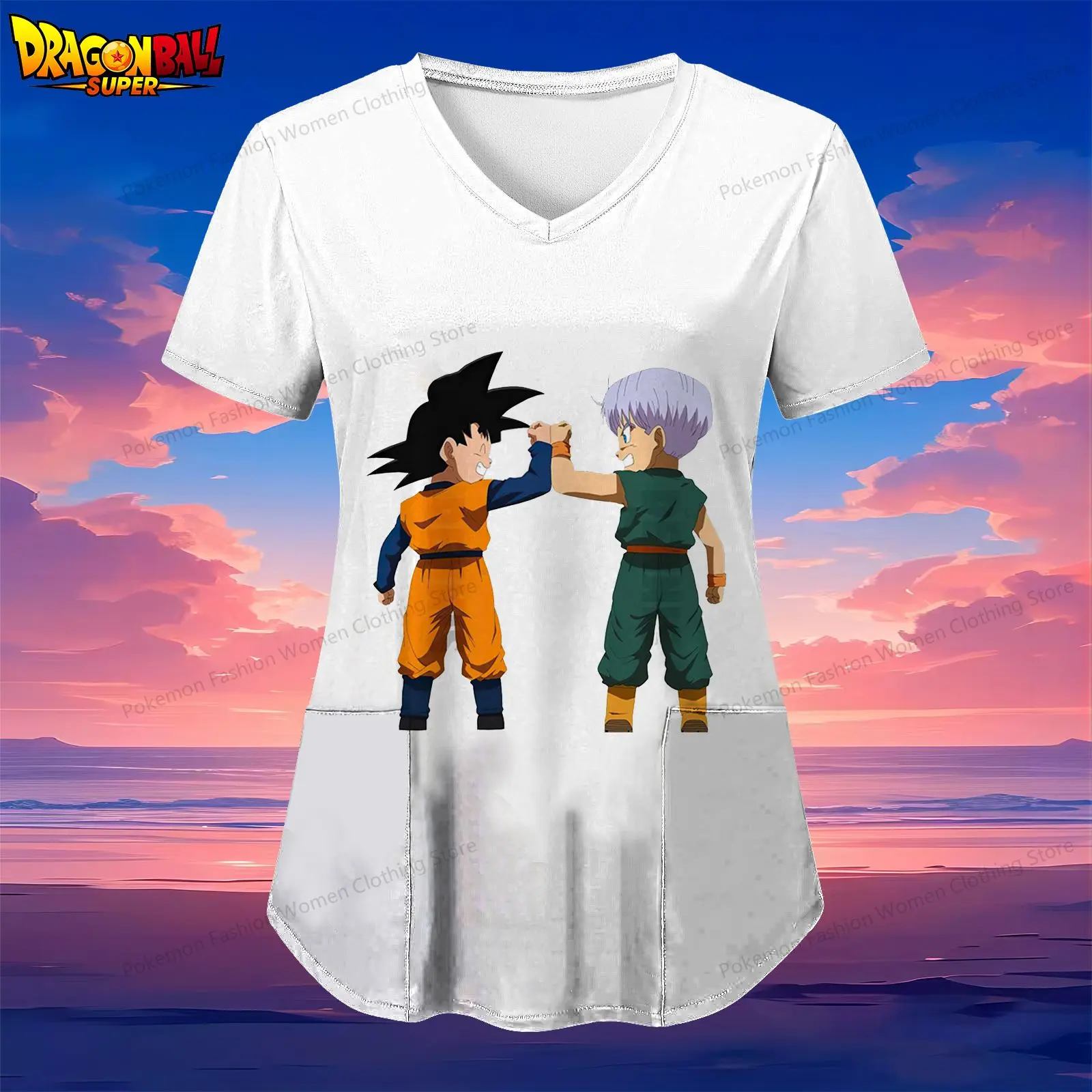 Damska koszulka pielęgniarki z dekoltem w szpic Dragon Ball Kakarotto Kieszeń Odzież damska 2024 S-2XL Koszulka z krótkim rękawem Y2k Anime Lato