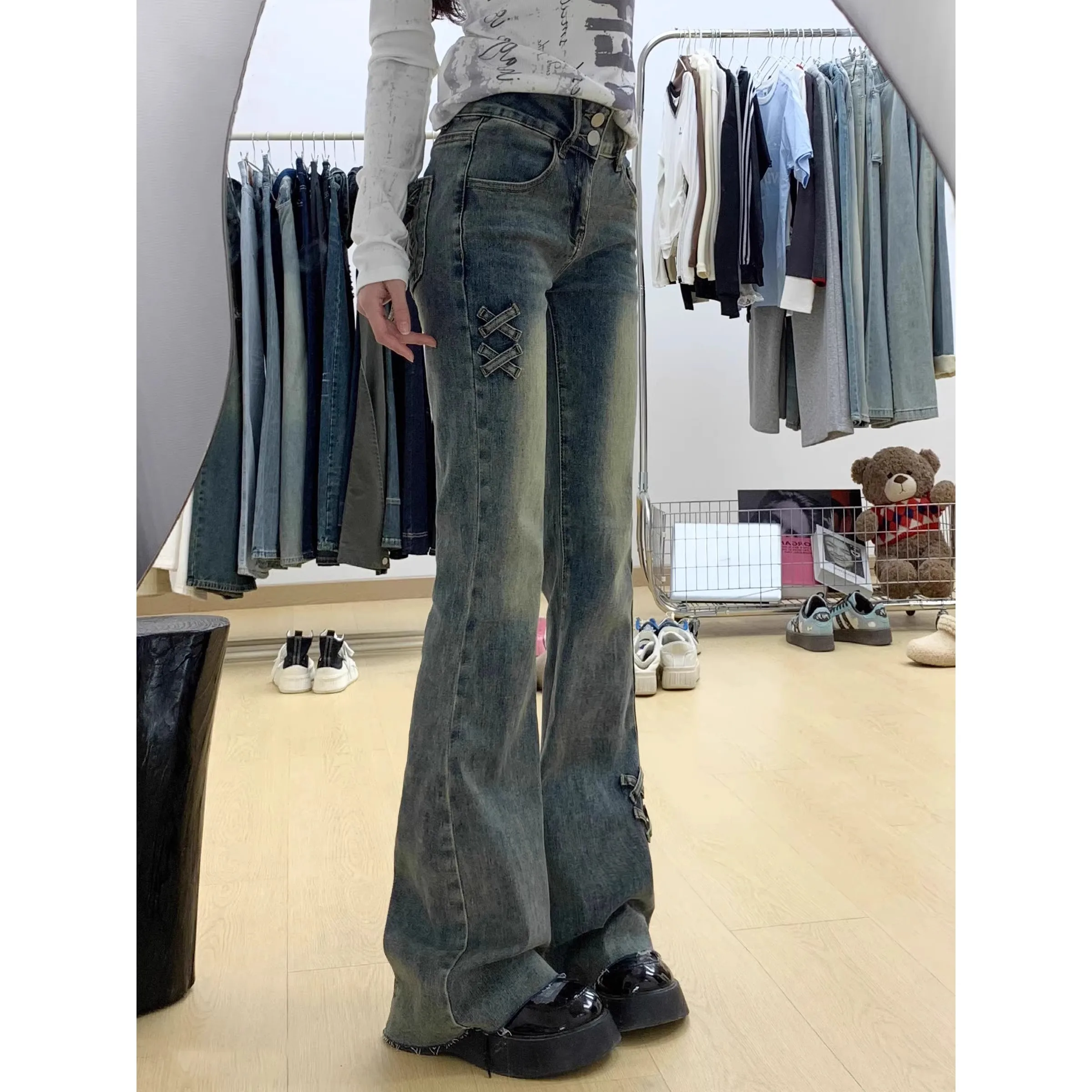 Retro High Waist Bell Bottom Denim Jeans Women's Design Slimming  Knot  Hoof Jeans Spring New Style Cotton Stre...