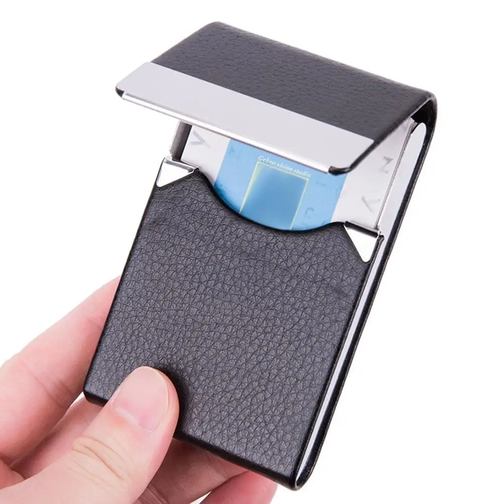 Fashion PU Leather Business Card Holder with Magnetic Buckle Slim Pocket Name Card Holder Stainless Steel Credit Card ID Case