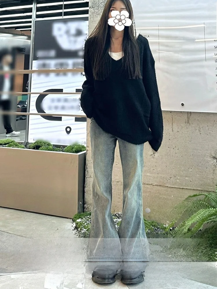 

Summer Vintage Low Waist Slimming Denim Jeans Women's High Waist Design Distressed Ankle Length Conceal Flared Pants