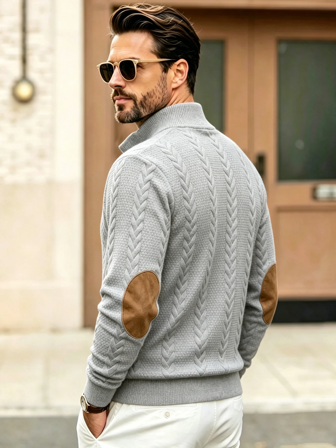 Men's Stand Collar Cable Knit Sweatshirt Button Placket Elbow Patches Ideal For Casual Outings And Daily Wear