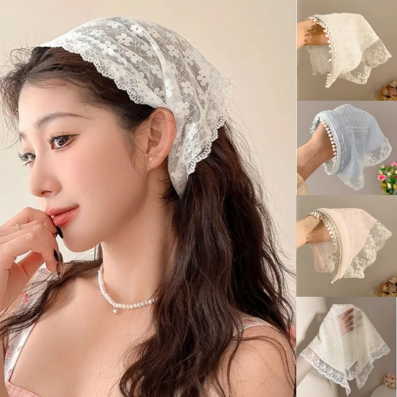 

Летний кружевной треугольный платок для женщин, кружевной квадратный платок в горошек, милый тюрбан, солнцезащитный головной убор, обруч для волос, женский головной убор в стиле Court