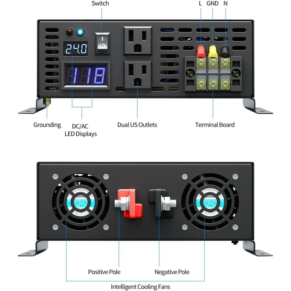 Inverter daya tenaga surya 3000w, Inverter daya tenaga surya gelombang sinus murni 24v 110-120v 60hz dengan tampilan LED RBP-3000S-LEDblack sistem tenaga surya hitam