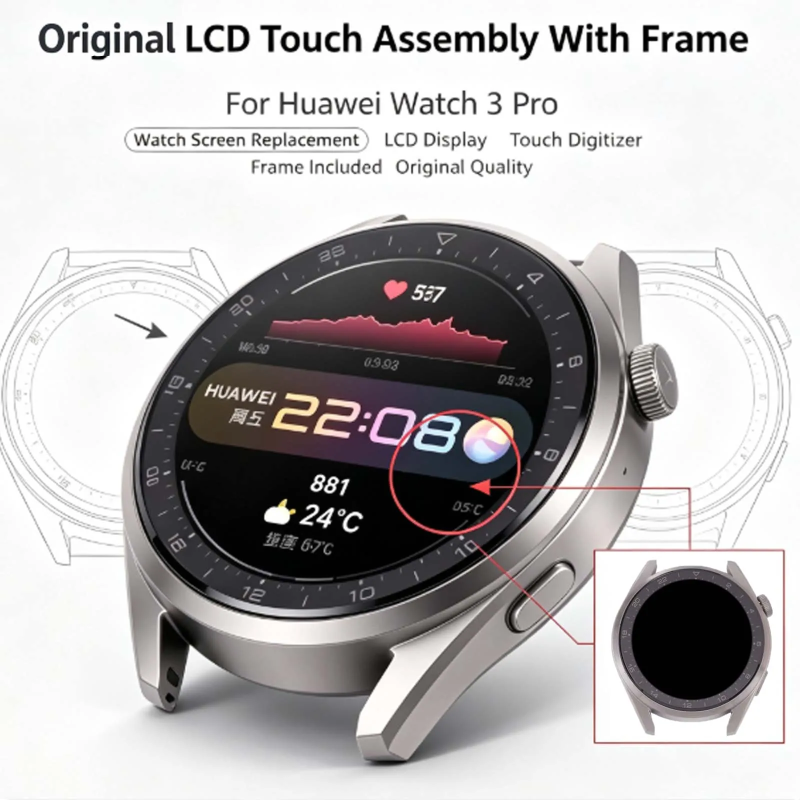 AMOLED LCD Screen for Huawei Watch 3 Pro and Digitizer Full Assembly with Frame Watch LCD Screen Repair Replacement Part