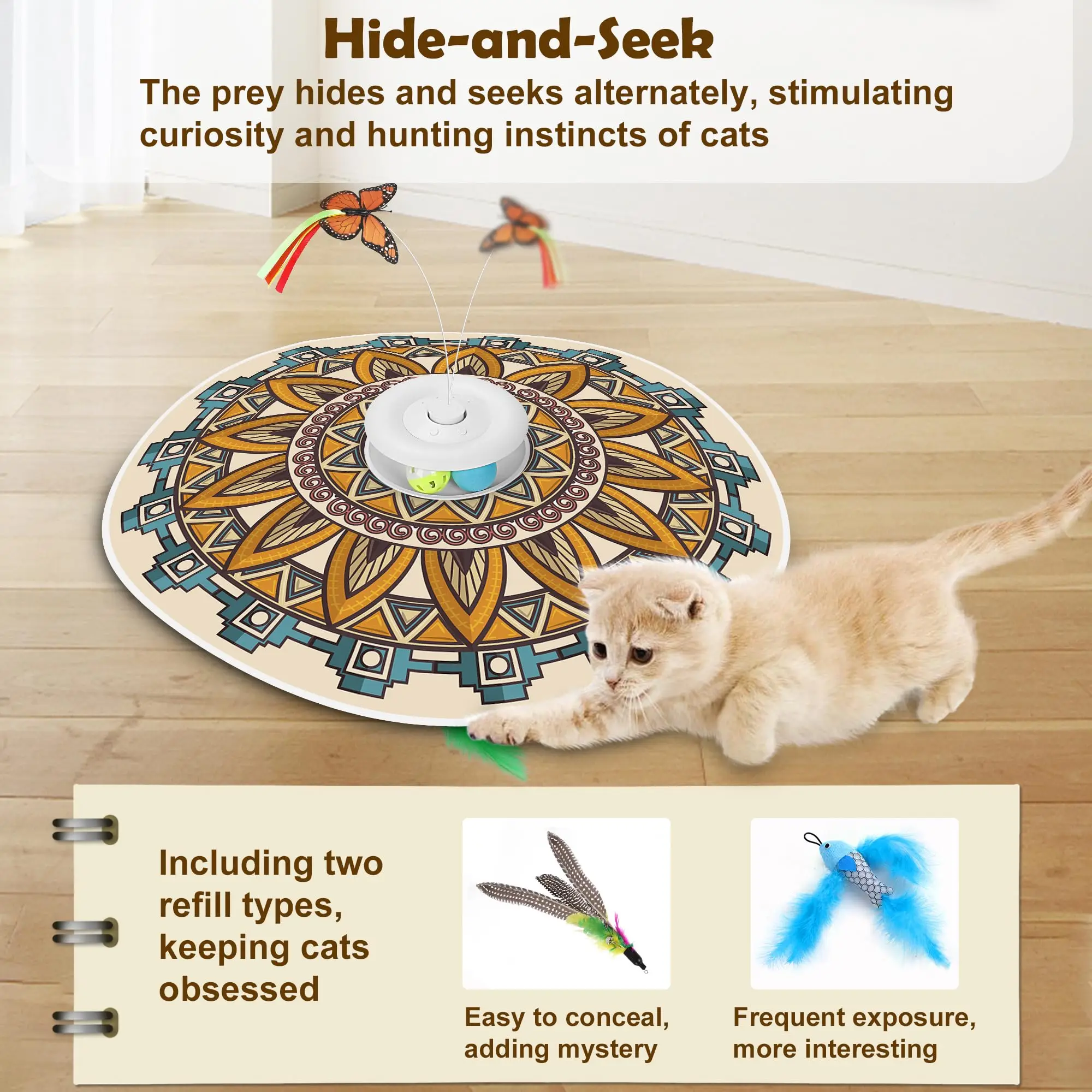 Cat Toys Rechargeable, 4 in 1 Hide and Seek Kitten Wand Toy, Automatic InteractiveToy for, Fluttering Butterfly, Chasing Feather