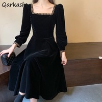 Black Dresses Women Pleuche A-line Vestidos Vintage Fall Winter Midi French Style Temperament Stylish Charming Elegant Female