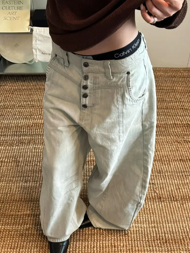 Deeptown Y2k American Vintage Jeans Damen Washed Button Design Breites Bein Niedrige Taille Denim Hose Baggy Casual Hose Streetwear