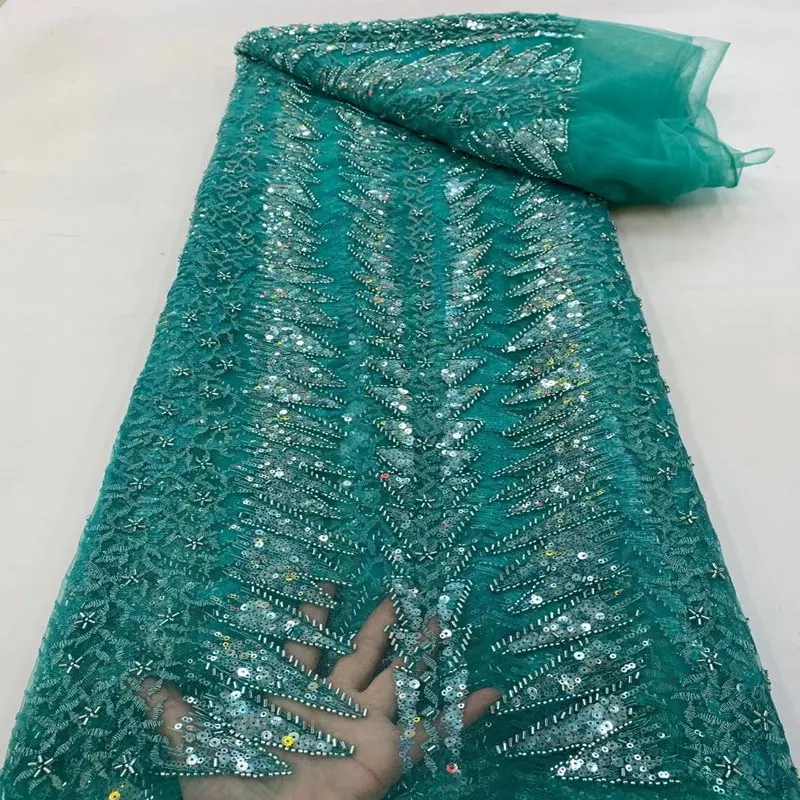 Latest Heavy Beaded Lace Fabric Rhinestones Embroidery Handmade Wedding Sequence African Lace Fabric With Pearls TS1271