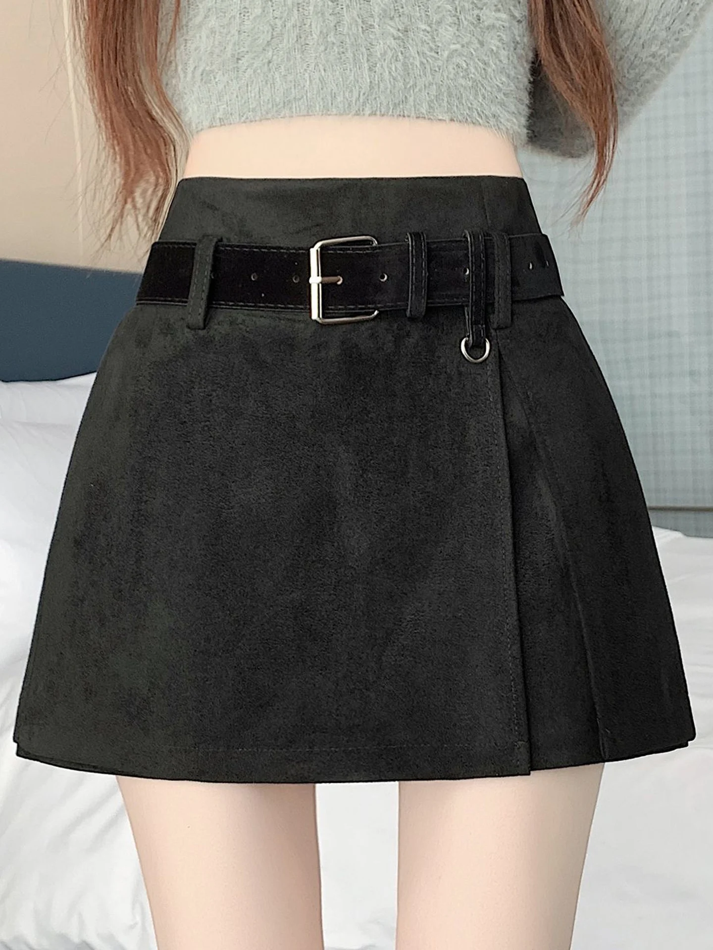 American Style Suede  Skirt Women's Autumn Winter High Waist A-Line Slimming Pencil Skirt Slit Versatile Super Short Skirt