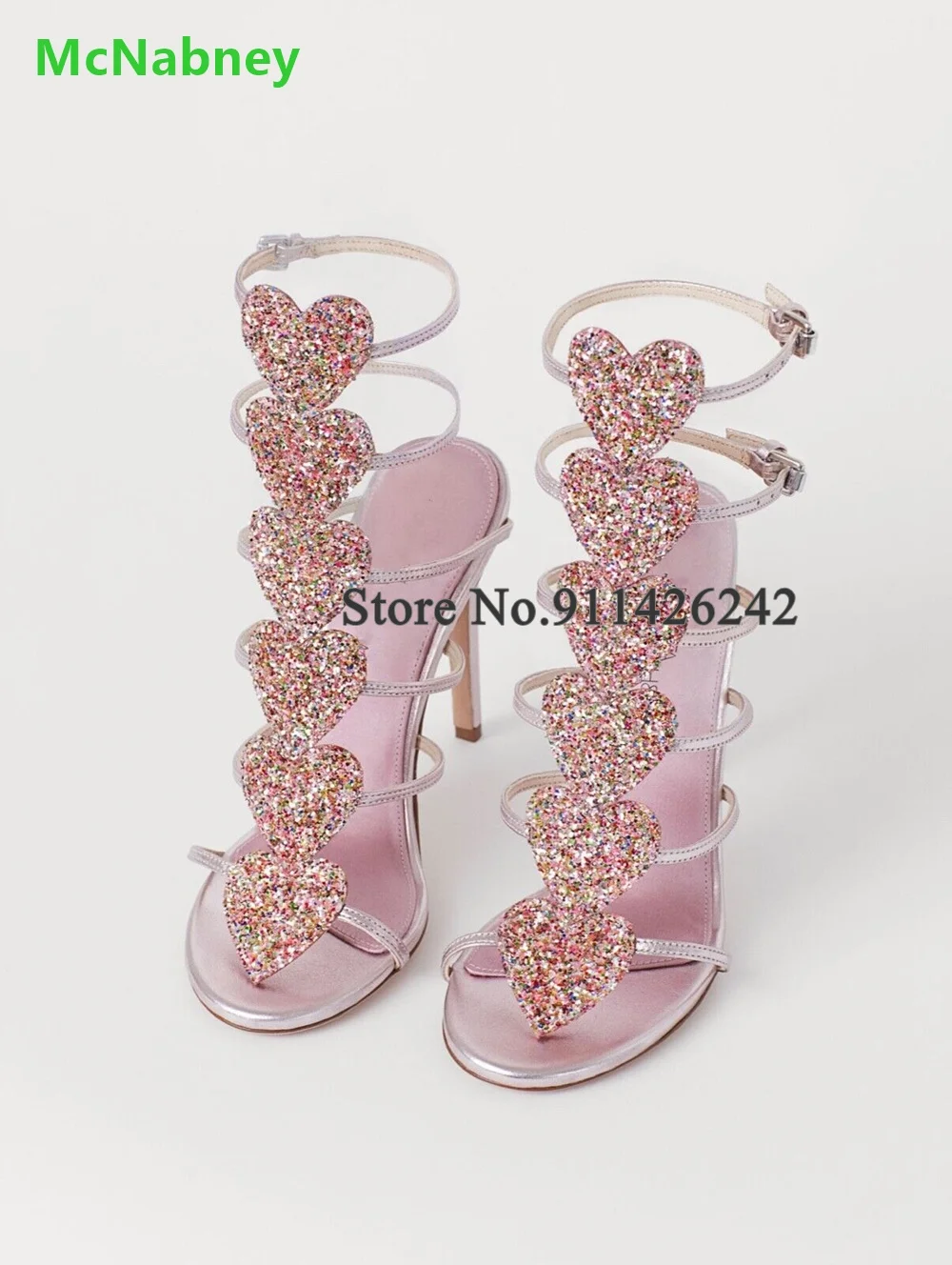 

Pink Blingling Love Pattern Luxury Buckle Design Sandals For Female Women 2024 Round Toe Thin High Heel Slingback Fashion Shoes