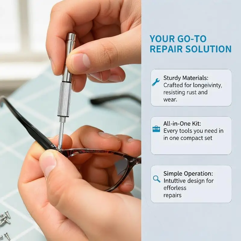 Precision Eyeglasses Screwdriver Kit for Spectacle Frame Repair 50 Screws and 2 Silicone Nose Pads Portable for Daily Carry