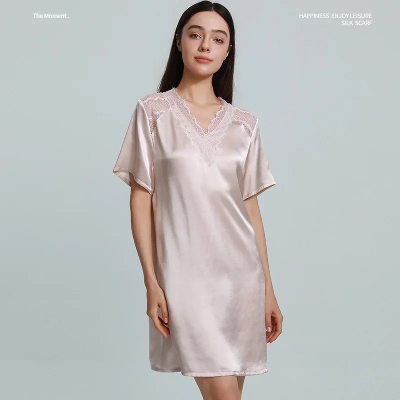 100% Mulberry Silk Short Sleeve Nightgowns Sexy Lace V Neck Sleep Dress Pure Silk Women Summer Nightdress Comfortable Sleepwear