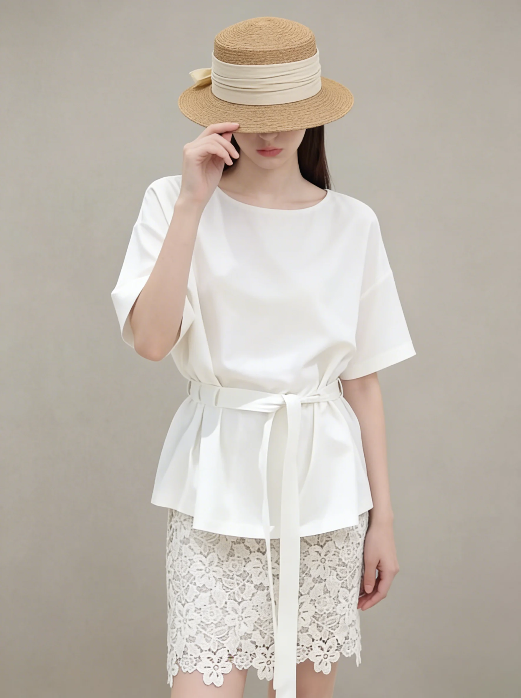 

Элегантный белый топ с круглым вырезом и утянутой талией, короткими рукавами и юбка-полусолнце с 3D цветочным кружевом — женский модный комплект для повседневной весенней носки