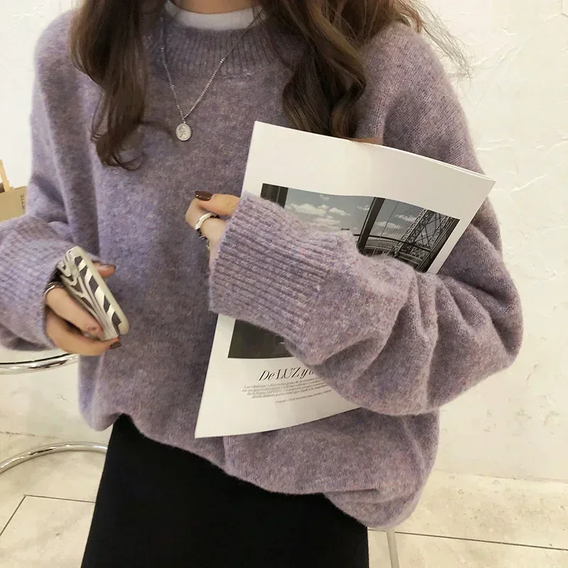 Vintage Women Solid Sweaters Autumn Winter O Neck Long Sleeve Pullovers Tops Korean Fashion Soft Thick Oversized Knitted Sweater