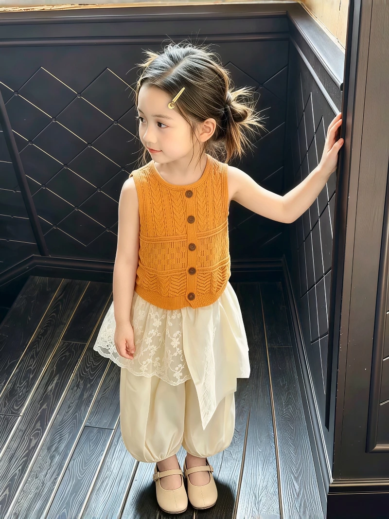 女の子の夏服韓国風ニット薄手防蚊パンツとベストセット子供用ファッショナブルな非対称デザイン