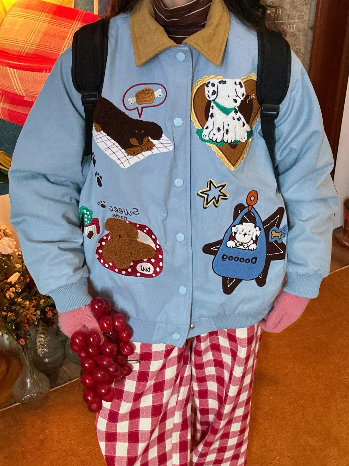 

Warm Thiened Patchwork Loose Collar Cotton Jaet Cute Little Dog Embroidery Autumn Winter New Arrival for Men And Women