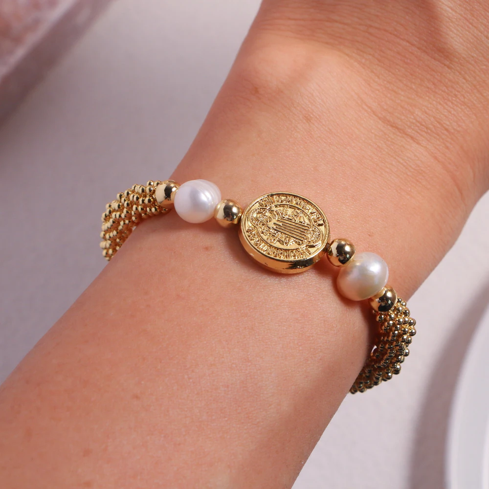 

5pcs, Gold Color St Benedict Medal Bracelet Metal San Benito Freshwater Pearl Beads Bracelet Bohemia Jewelry