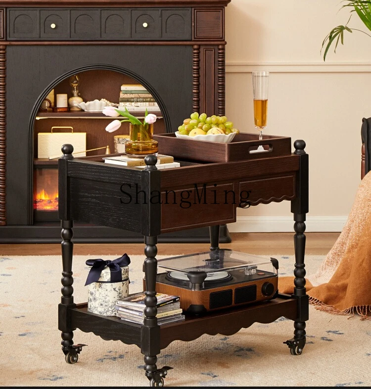 

CL Retro Solid Wood Movable Side Table Living Room Sofa Tea Table Bedroom Small Trolley Coffee Table