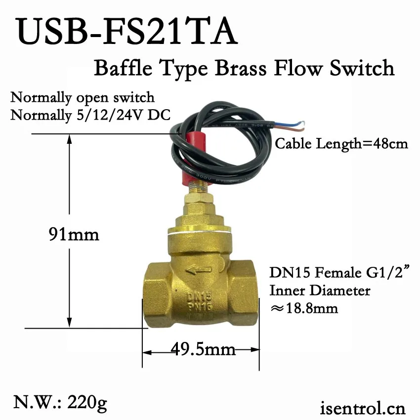 USB-FS21TA Baffle Type Flow Sensor Switch Reed Switch Brass Sensor Switch 5-15L/min 250V DC 70W 2 wire Saier Sensor