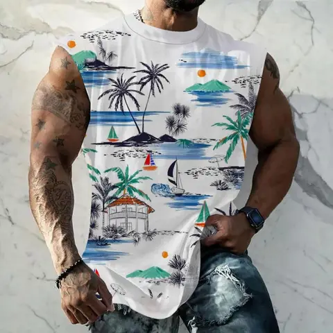3D Printed Coconut Tree Tank Tops For Men Colorful Leaf Beach Pattern Tees Summer Loose Sports Street Round Neck Vest Casual Top