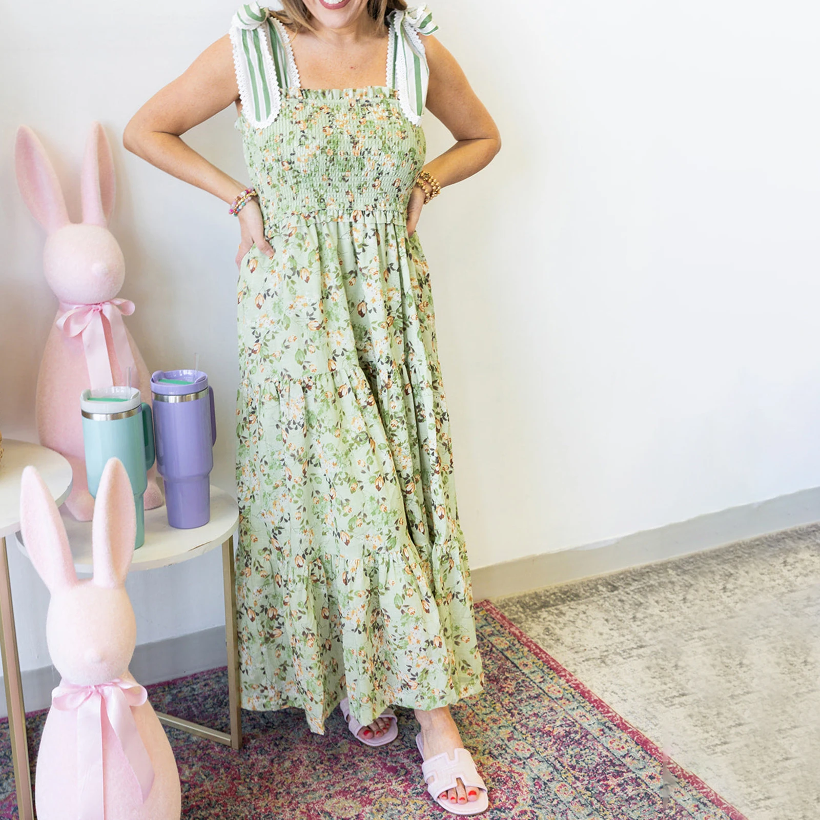 Combhasaki Abito lungo da donna estivo senza maniche, casual, con spalline larghe, stampa floreale, smock, senza schienale, con volant, a-line, abito lungo da festa