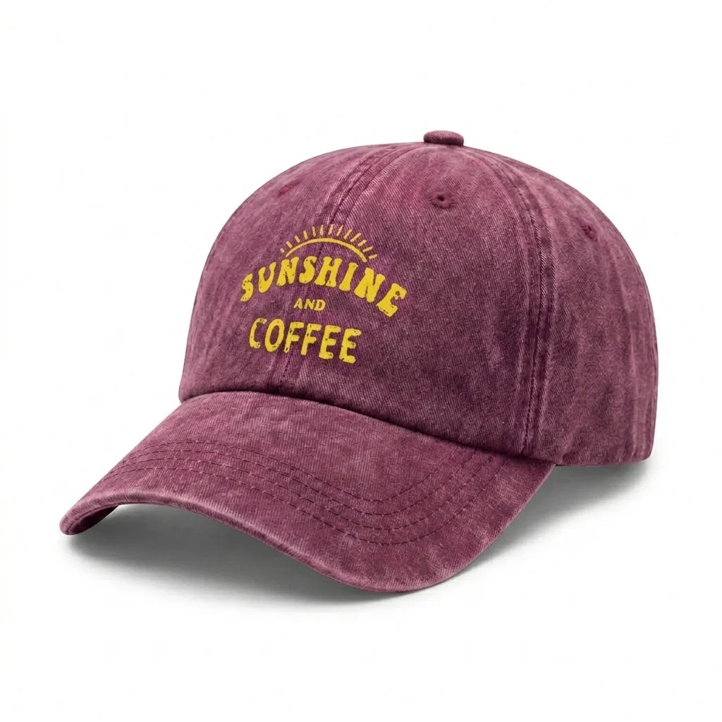 Adjustable Unisex Sunshine and Coffee Quote Baseball Cap, Vintage Washed Dad Hat, Coffee Lover Gift for Men and Women