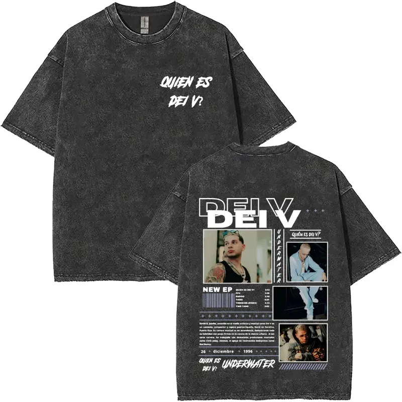 

Рэпер Dei V Quien Es Dei V Винтажная стираная футболка Merch, мужские топы высокого качества, модные футболки, летние повседневные футболки большого размера