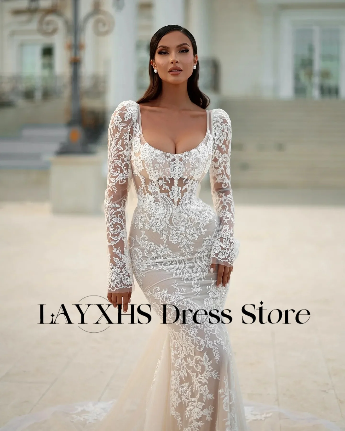 LAYXHS Vintage Square Neck Brautkleider Spitze Lange Ärmel Meerjungfrau Backless Bogen Brautkleider Angepasst vestidos de novia