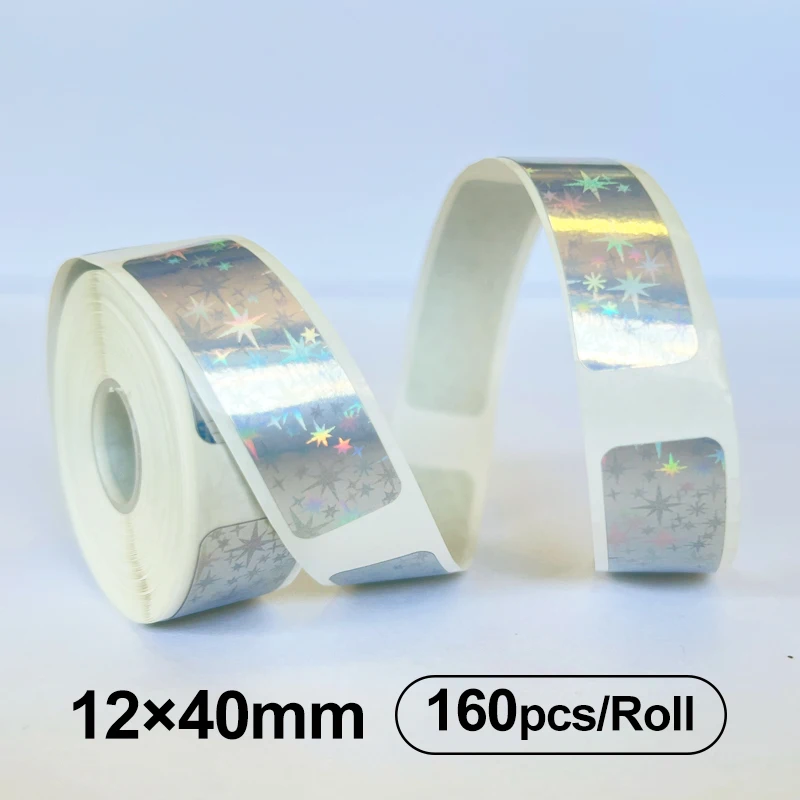 160 Stück holografisches Laser-Thermo-Etikettenband, glänzend, selbstklebende Rolle, bedruckbares Aufkleberpapier, langlebig, silberfarben, Name, Party-Geschenkanhänger – Detail 13
