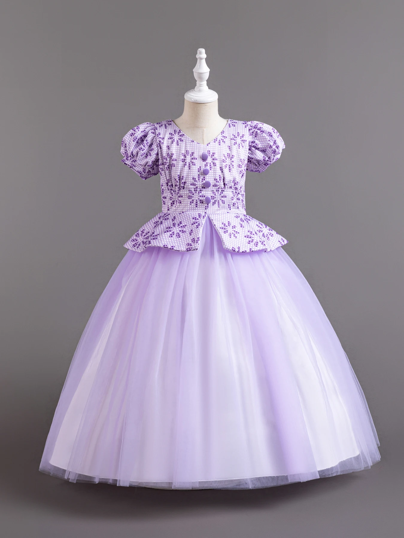 

Purple European style girl wedding bridesmaid dress suitable for KID aged 5 to 14, long Dress bubble sleeve printed child Wear