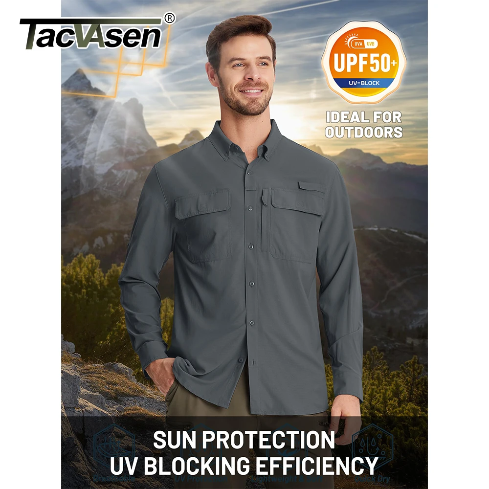 TACVASEN Fishing Shirts Men\'s Quick Dry Long Sleeve Chest Pocket Mesh Breathable Hiking Work Cargo Shirts UPF 50+ Sun Protection