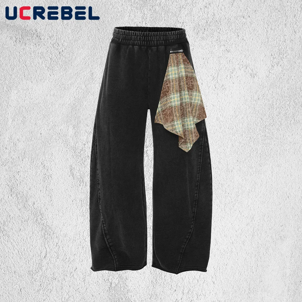 

Hip Hop Retro Jeans Mens Bandana Removable Streetwear Spliced Wide Leg Baggy Elastic Waist Denim Pants Man