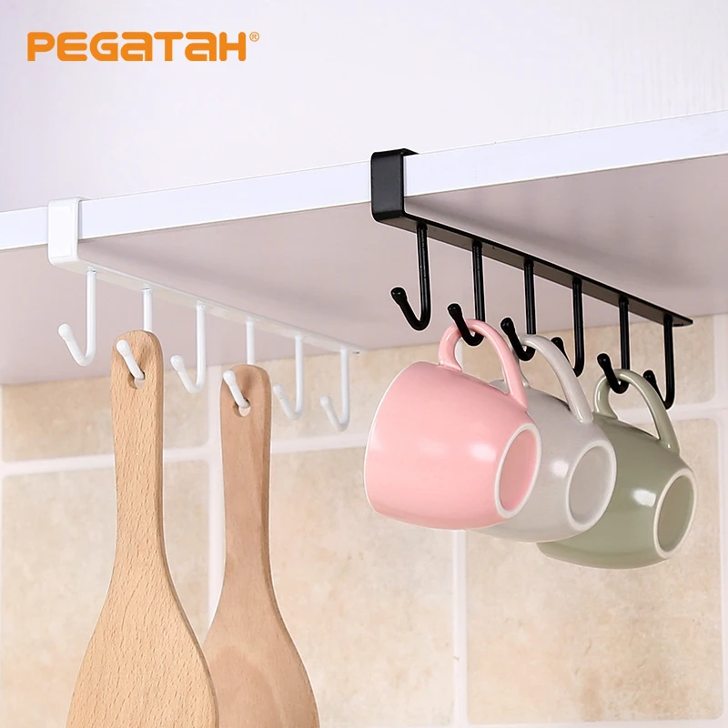 

6 Hooks Iron Storage Shelf Wardrobe Cabinet Metal Under Shelves Mug Cup Hanger Bathroom Kitchen Organizer Hanging Rack Holder