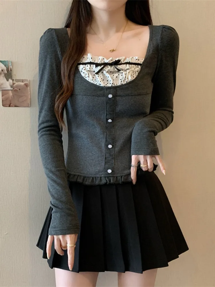 

Женская облегающая футболка с длинным рукавом в горошек, осенне-зимняя, базовая, корейский стиль, для повседневной носки