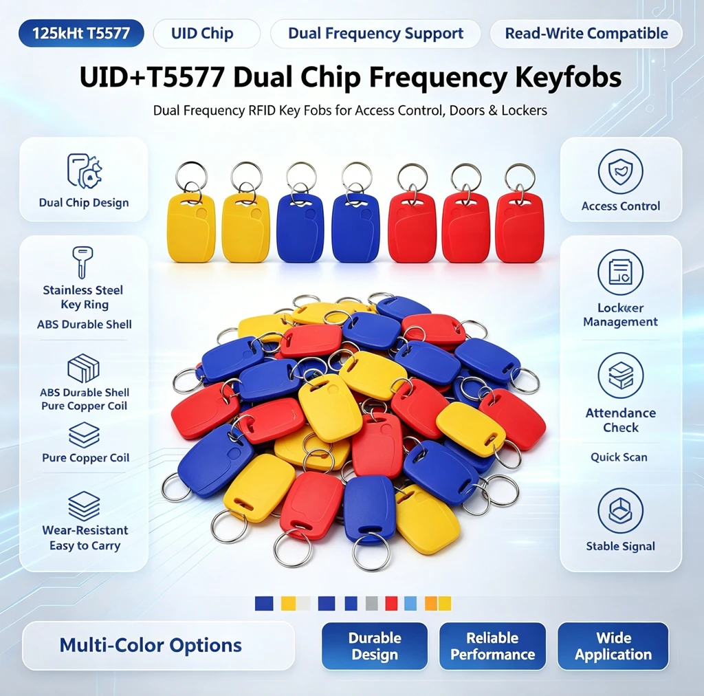 50PCS 2 In 1 Dual Chip Frequency RFID Keyfob 125KHZ T5577 +13.56MHZ UID Rewritable Composite Access Control Key Tags IC+ID