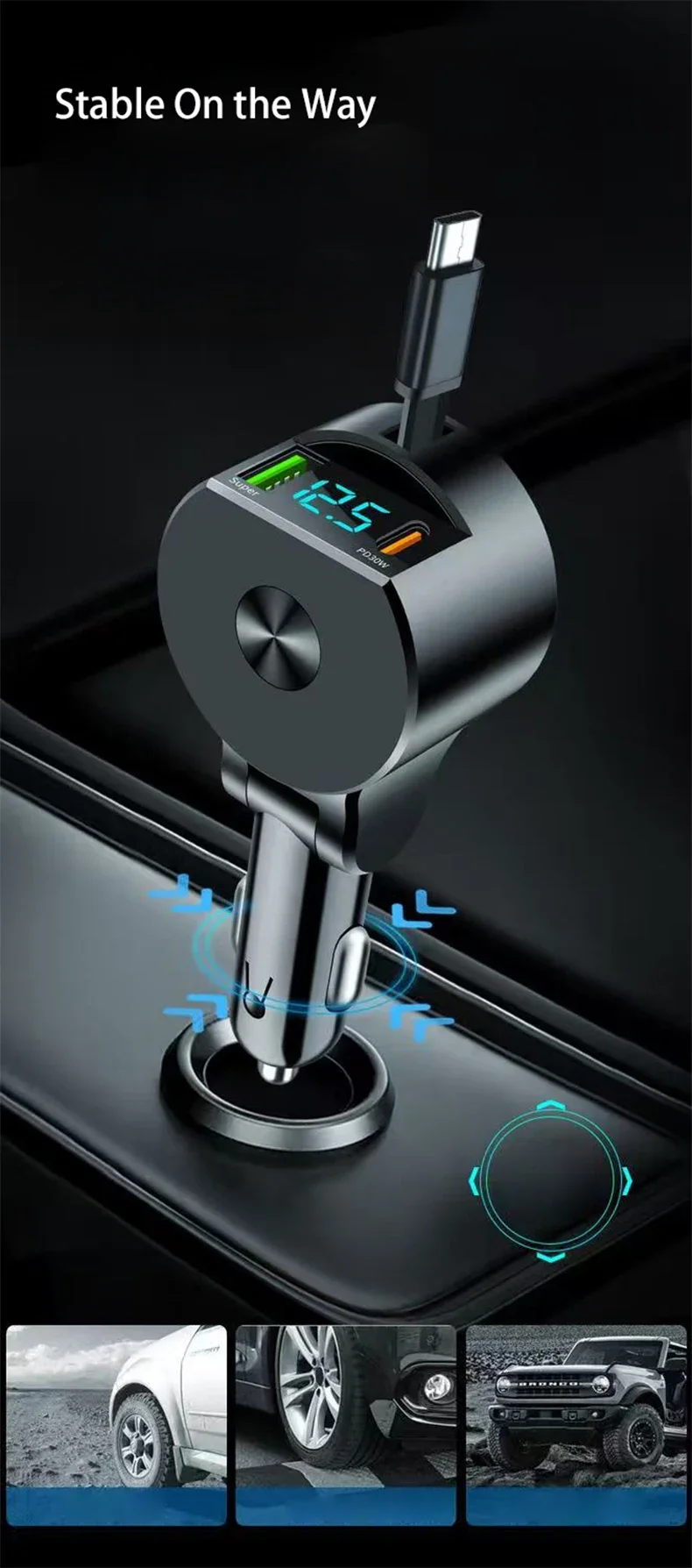 USB C Car Charger 65W Super Fast Charge with Voltage Display PD 30W Retractable Type C Cable for iPhone 16 Pro Max 15 Samsung