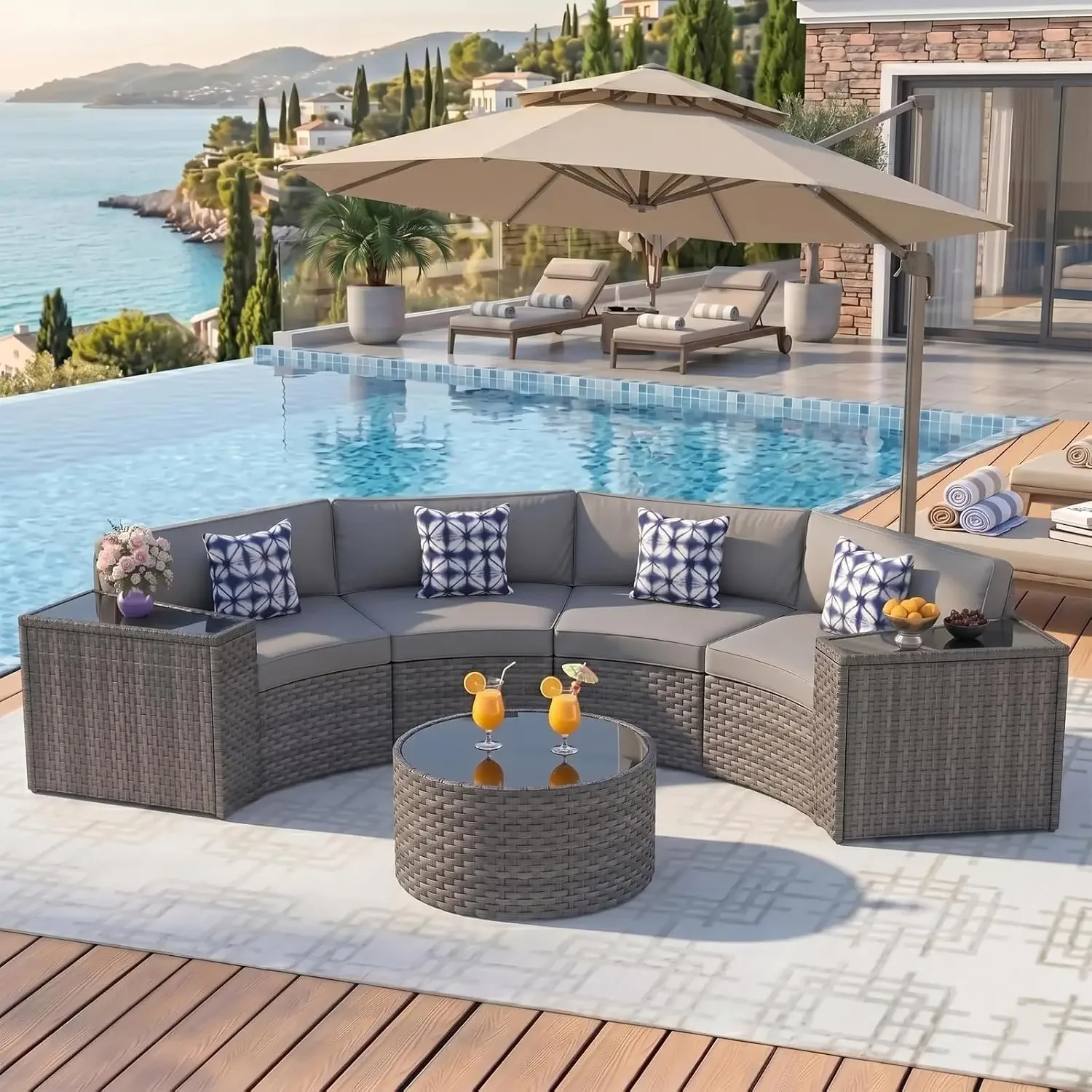 7 Pieces Half-Moon Curved Outdoor Sectional Sofa and Side Table, Customized，Outdoor Patio Furniture Set with Coffee Table