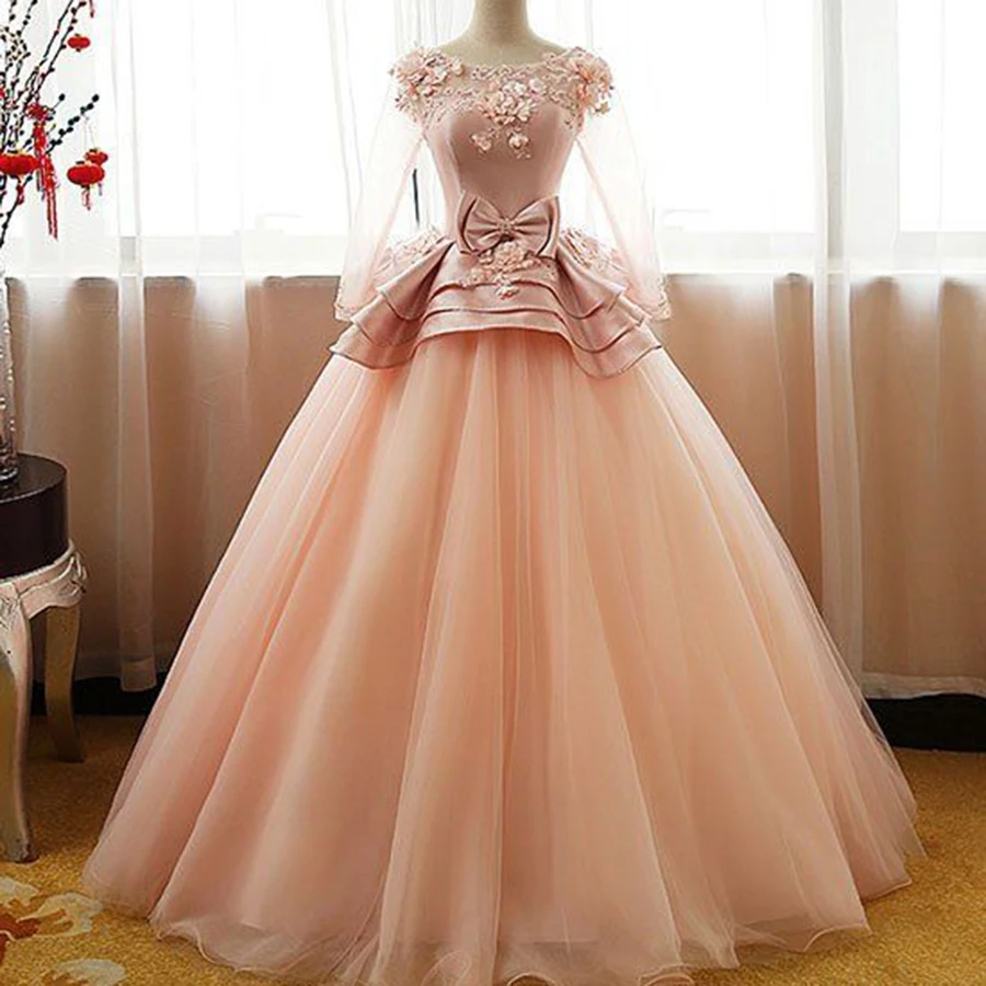 Abito da ballo rosa personalizzato Tulle Raso Applique Fiocco A-Line Lunghezza pavimento Elegante abito sottile da ballo per festa di compleanno Abito a maniche lunghe 2024