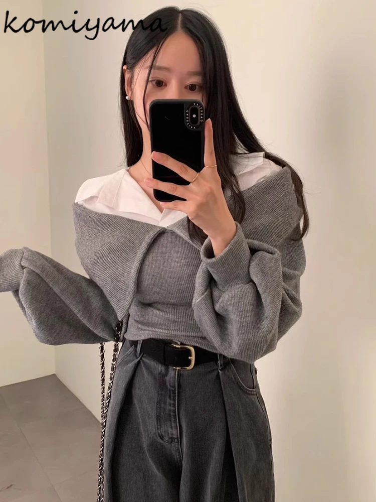 Hit Color Laple Ropa Mujer 2024 Woman Sweater Fake Two Piece Outerwears Long Sleeve Pullovers Autumn Winter Clothes Women