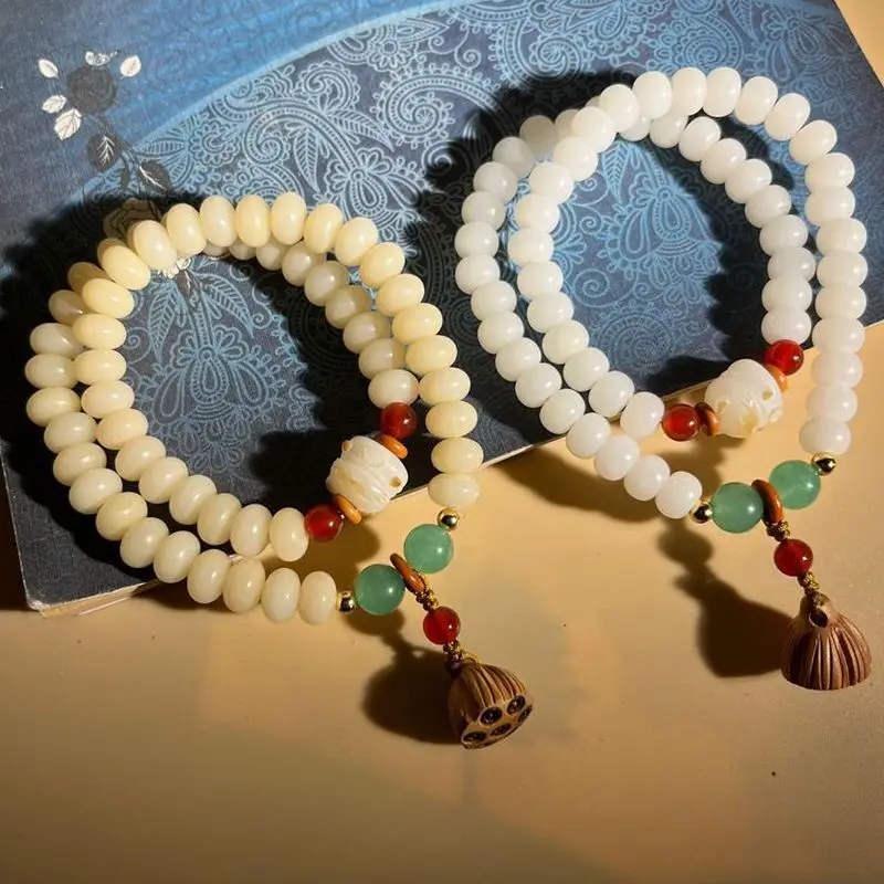 Creamy jade-like cream yellow abacus beads, double-loop Bodhi bracelet with wooden lotus pod accessor