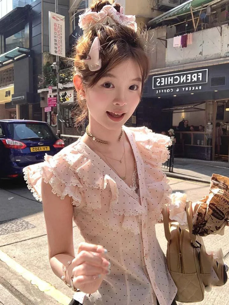 

Французские милые рубашки с рюшами и принтом в горошек, женские летние укороченные топы без рукавов с облегающей талией, универсальная блузка Fairy Y2k