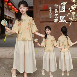 Kids Clothing Sets For Girls Short-sleeved Cheongsam Neckline Disc Button Printing Chinese Style Clothing Sets Baby Girl Clothes