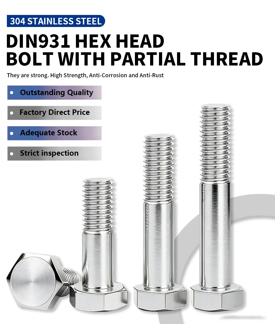 DIN931 304 Edelstahl Sechskantschrauben M6 M8 M10 M12 M14 M16 Halbgewinde Sechskantkopfschrauben Befestigungselemente – Detail 1