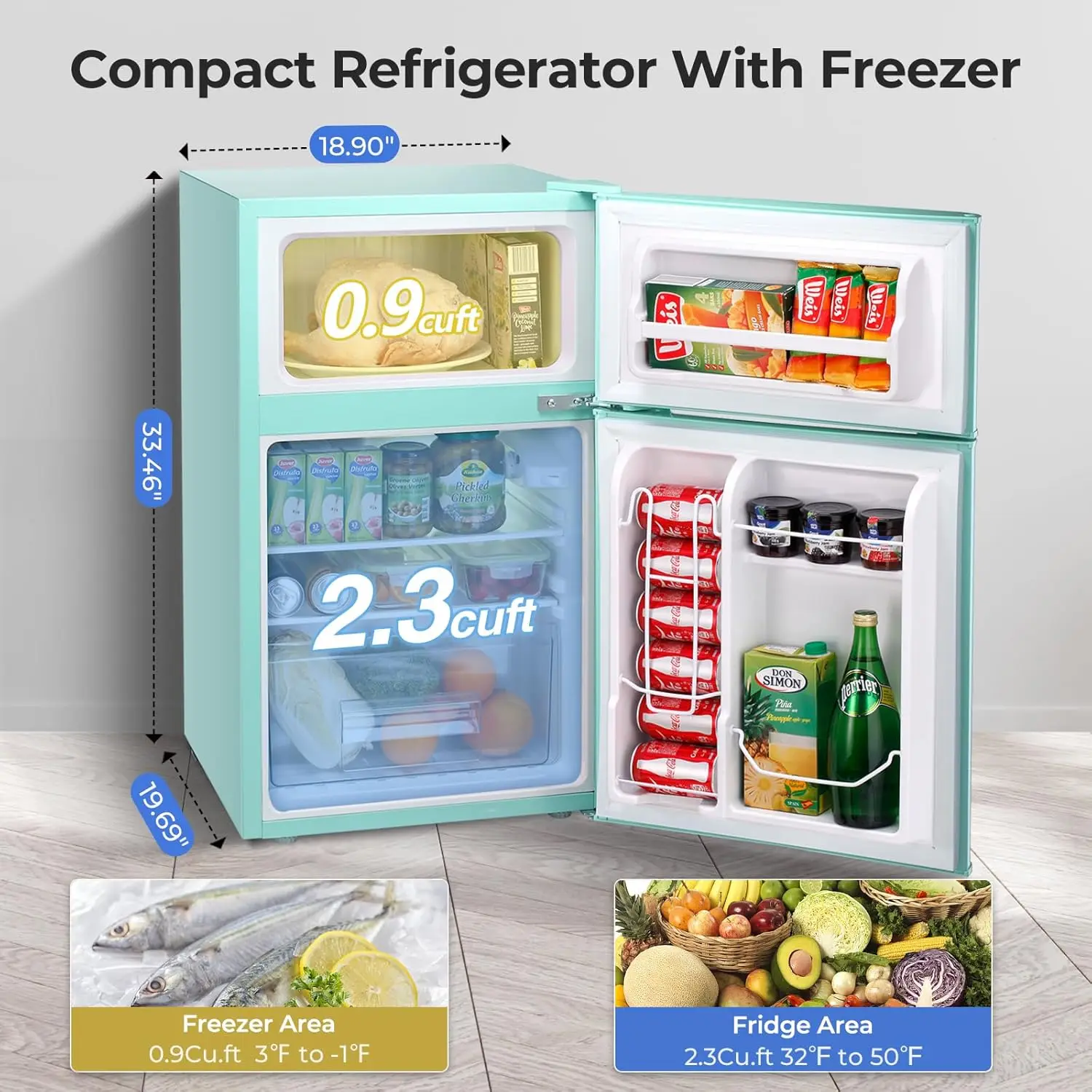 3.2 Cu.Ft Compact Mini Fridge with Freezer, 2-door Small Fridge with Adjustable Removable Shelves, for Bedroom/Office/