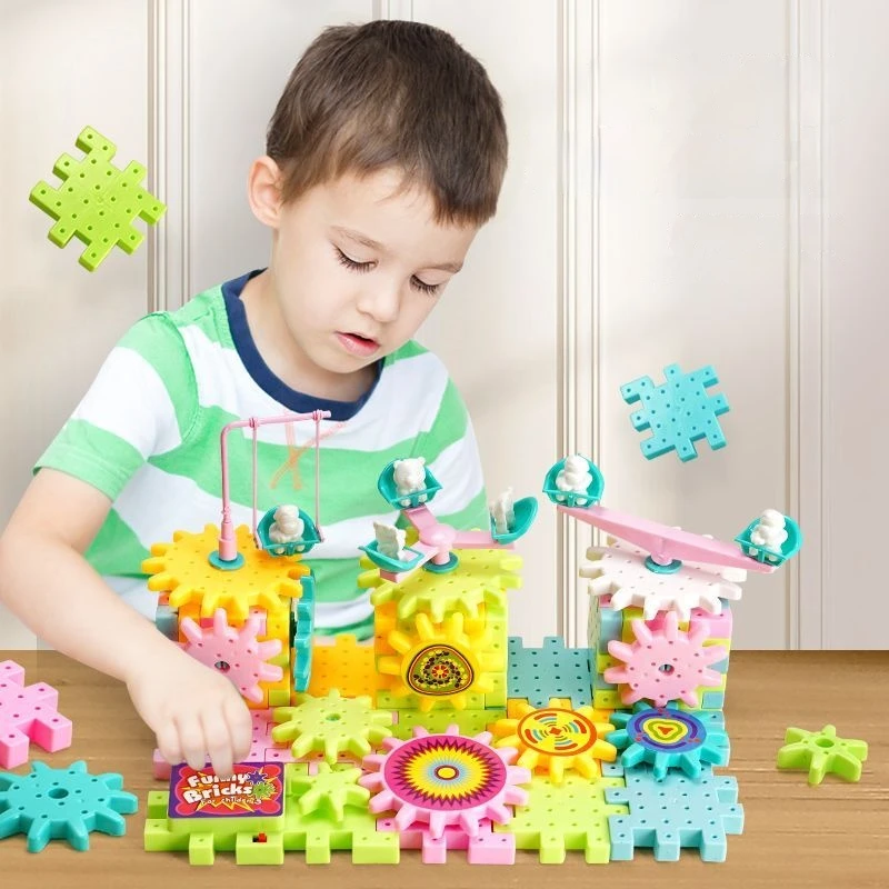 Children Electric Gears Model Building Blocks Large Puzzle Assembly Gears Set Rail Track Car Construction Toys for Kids Gifts