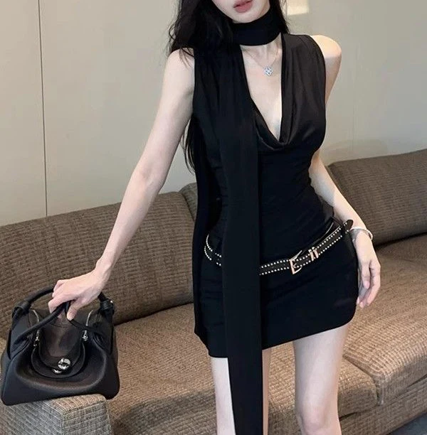 American Sexy Solid Color Camisole Sleeveless Slim Fitting Fashion Deep V Neck Off Shoulder Spicy Girl Basics Corset Mini Dress