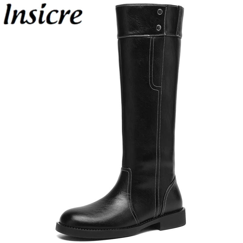Insicre 2025 Fashion Women's Knee High Boots Laminated Split Leather Round Toe Thick Low Heels Sewing Handmade Winter Shoes